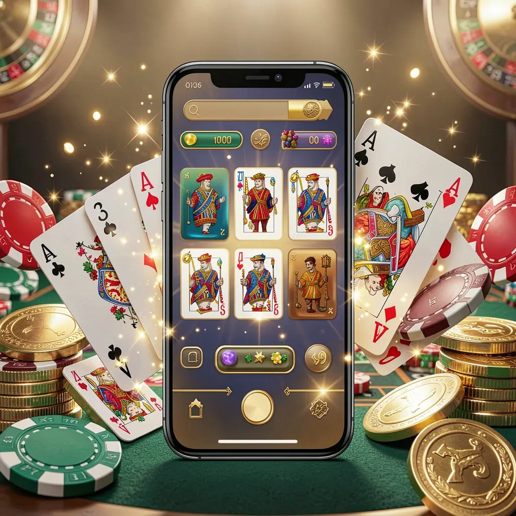 JILI8848 mobile gaming application concept showing a smartphone surrounded by playing cards, roulette chips, gold coins, and sparkling lights in a premium casino style