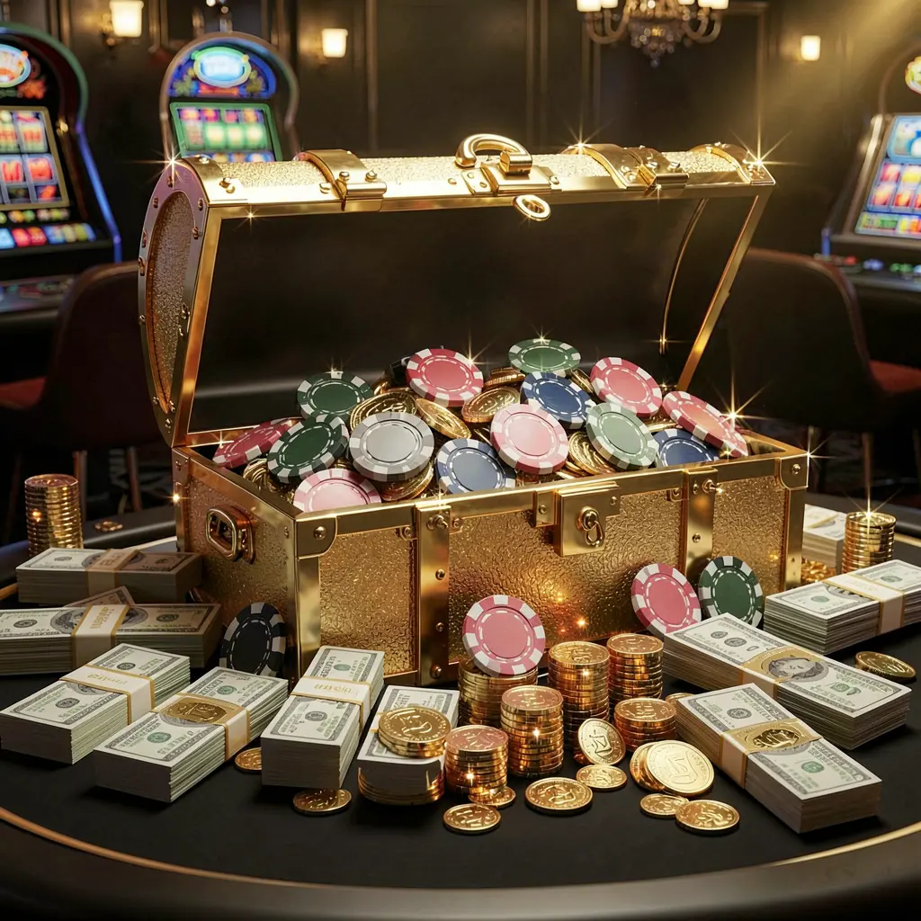 JILI8848 casino rewards scene featuring a golden treasure chest overflowing with chips, cash bundles, and sparkling coins in an elegant black and gold style with dramatic lighting