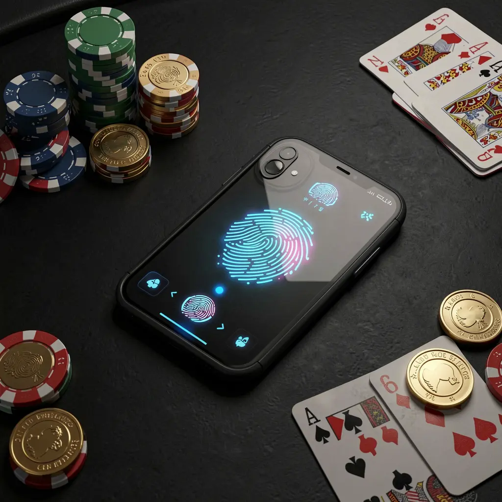 JILI8848 online casino authentication concept showing a phone with a glowing fingerprint scan on a premium black table surrounded by poker chips, golden coins, and playing cards in a cinematic 3D render