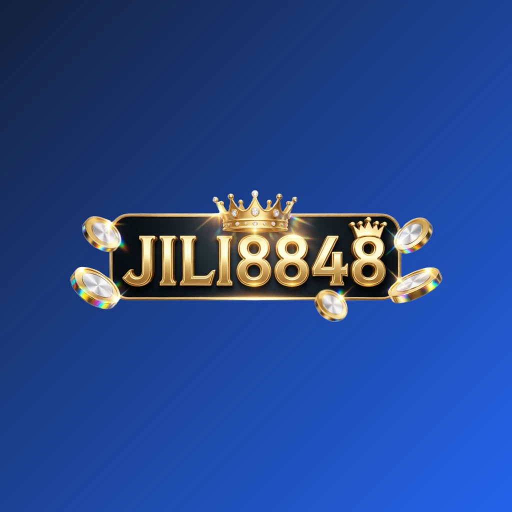 Casino-style logo for JILI8848 featuring golden letters with a crown element and sparkling coins, set against a transparent background in a wide horizontal rectangular wordmark design, evoking a luxury gaming atmosphere