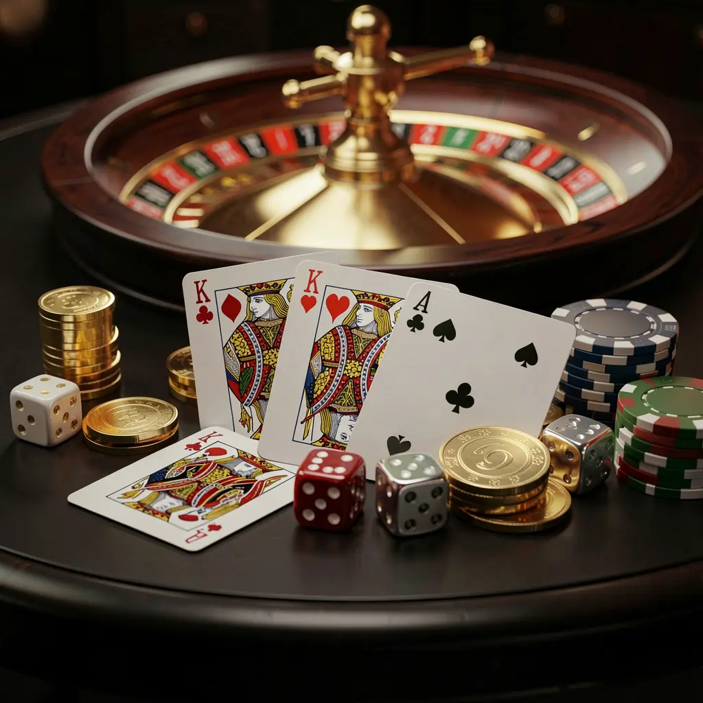 Elegant online casino homepage featuring royal flush cards, dice, golden coins, and poker chips on a dark table with a glowing roulette wheel in the background, showcasing JILI8848's responsible gaming environment